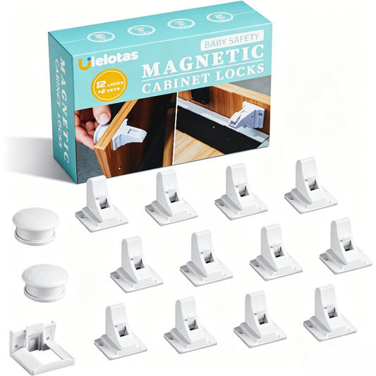 Ulelotas Magnetic Cabinet Locks for Baby Proofing, 12-Pack Child Safety Cabinet Locks with Magnetic Key, 3M Adhesive & Screws Optional, Stay-Open Mode, for Cabinets & Drawers