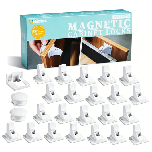 Magnetic Cabinet Locks for Baby Proofing, 22-Pack Child Safety Cabinet Locks with Magnetic Key, 3M Adhesive & Screws Optional, Stay-Open Mode, for Cabinets & Drawers