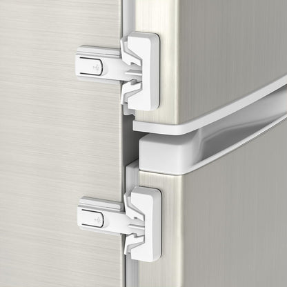 Yunkey Fridge Locks for Kids, 2-Pack Upgraded Child Proof Refrigerator Lock with Adhesive, 2-Button Unlock & Auto-Lock, Keeps Kids & Pets Out (White)
