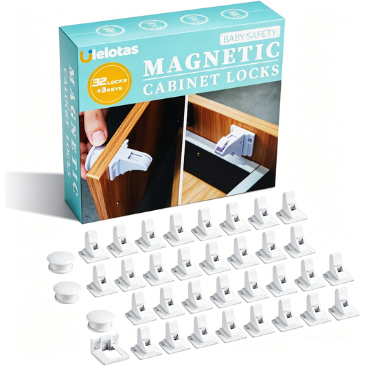 Ulelotas Magnetic Cabinet Locks for Baby Proofing, 32-Pack Child Safety Cabinet Locks with Magnetic Key, 3M Adhesive & Screws Optional, Stay-Open Mode, for Cabinets & Drawers