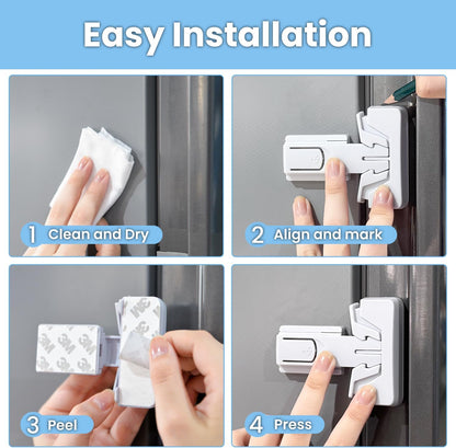 Yunkey Fridge Locks for Kids, 2-Pack Upgraded Child Proof Refrigerator Lock with Adhesive, 2-Button Unlock & Auto-Lock, Keeps Kids & Pets Out (White)